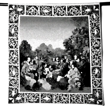 An ancient tapestry is hanging on a wall, showcasing a historical scene filled with intricate details. The scene features a group of people engaged in a lively discussion, surrounded by elements of nature such as trees and animals. The characters are dressed in traditional garments, each with distinct features and expressions. The tapestry is framed with elaborate border designs that include stylized floral patterns and geometric shapes, enhancing the historical and artistic significance of the piece.