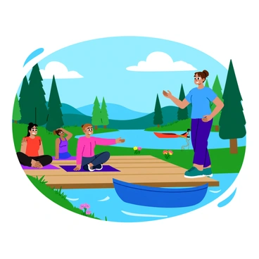 A trainer standing on a wooden dock by a tranquil lake, leading a wellness retreat session. The trainer is wearing comfortable athletic clothing and has a friendly expression. Around the lake, there are tall green trees and colorful wildflowers in bloom. A few participants are sitting on yoga mats, engaged in a stretching exercise, while others are relaxing on the grass nearby. The surface of the lake reflects the blue sky with fluffy white clouds, and gentle ripples disturb the calm water. A small canoe is tied to the dock, adding to the peaceful natural setting.