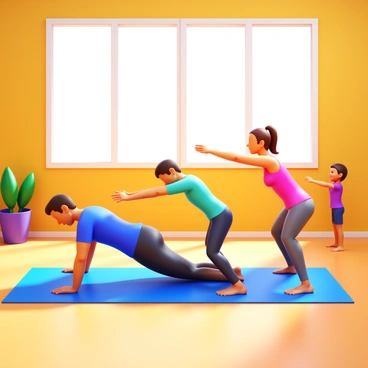 A family of four performing the superman exercise in a bright and spacious living room. The father is on his stomach, arms extended forward, wearing a blue workout shirt and black shorts. The mother lies beside him, also in a pink tank top and grey leggings, with her arms stretched out. One child, a young boy in a light green t-shirt and navy shorts, is mimicking their pose, while the daughter, dressed in a purple sports outfit, is smiling as she performs the exercise. A yoga mat is laid out on the floor, and a large window allows sunlight to flood the room, creating a warm atmosphere.