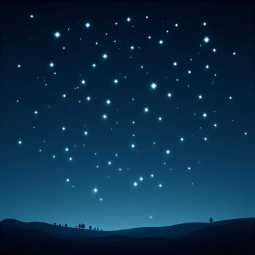 A vast night sky, filled with countless bright stars, shining vividly against a deep blue backdrop. Each star twinkles with a clear, white light, some larger than others, creating a sense of depth. The stars are scattered unevenly, forming clusters that resemble constellations. Below the sky, a gentle landscape is visible, silhouettes of distant hills and trees framing the horizon. The overall scene conveys a feeling of wonder and possibility, symbolizing "guidance" and "hope for a fresh start."
