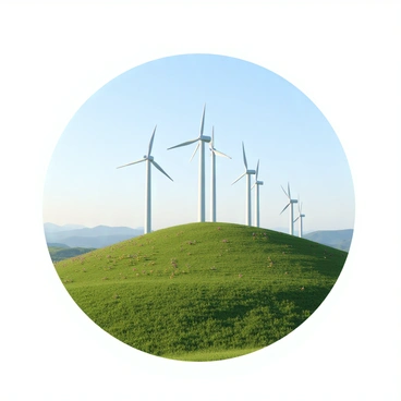 A landscape featuring a green hilltop with several white wind turbines spinning gracefully against a clear blue sky. The hill is dotted with patches of wildflowers in various colors, creating a vibrant contrast with the green grass. In the background, there are distant mountains with a soft outline under the sky. The scene captures the tranquility of nature, with a gentle breeze suggested by the movement of the turbines.