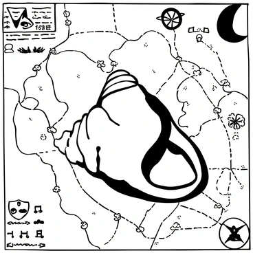 A detailed "conch shell" positioned prominently on a "vintage nautical map." The map features intricate "sea routes" with various marked paths and symbols indicating locations. Surrounding the conch shell, there are additional nautical elements such as "compasses," "anchors," and "coordinates" printed in various sections of the map. The overall composition captures the historical essence of navigation and the ocean's mysteries.