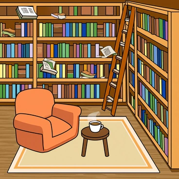 A cozy library with warm wooden shelves filled with colorful books. The shelves stretch from the floor to the ceiling, and a few wooden ladders lean against them, ready to reach high shelves. Several books are floating gently in the air, some open with pages fluttering as if caught in an invisible breeze. Soft, warm light illuminates the space, casting gentle shadows. A plush, oversized armchair is nestled in one corner, beside a small round table with a steaming cup of tea. A thick, patterned rug covers the wooden floor, adding to the inviting atmosphere.