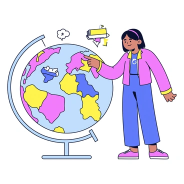 A young girl named "Malala" is standing beside a large, colorful globe. She is pointing at various countries on the globe, emphasizing their access to education. The globe features bright colors representing different continents and countries. Surrounding her are small icons symbolizing education, such as books and pencils. Malala has a determined expression on her face as she engages with the globe, drawing attention to the importance of education for all.