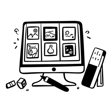 A black-and-white illustration depicting a modern computer screen showcasing a grid layout of various illustrated artworks. Each artwork is framed and features different themes, including a whimsical landscape, a detailed character design, and an intricate abstract pattern. A stylized pen and sketchbook are placed next to the computer, emphasizing the illustrator's craft. There are scattered drawing tools, such as pencils and erasers, around the workspace, enhancing the creative environment.