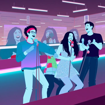 A group of four friends is singing passionately into microphones at a lively karaoke bar. The first friend, with short curly hair and wearing a vibrant blue shirt, is energetically gesturing with one hand while holding the microphone with the other. The second friend, sporting glasses and a red bandana, has a huge smile while singing along, swaying to the beat. The third friend, with long straight hair and a sparkling silver dress, is dancing and laughing, completely immersed in the moment. The fourth friend, dressed in a casual black t-shirt, stands close by, encouraging them with a wide grin. Colorful LED lights illuminate the bar, casting vibrant hues on the wooden walls. The atmosphere is filled with excitement and joy, with other patrons clapping and enjoying the performance in the background.