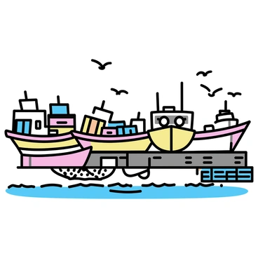 A bustling harbor scene with multiple boats of different sizes docked along the wooden pier. Fishing nets, with their intricate patterns, are spread out on the ground, while colorful crates are stacked nearby. Some boats are painted in bright colors, reflecting the lively atmosphere. Seagulls are flying above the harbor, adding to the dynamic feel of the scene. The water is calm but shows gentle ripples where the boats are moored.