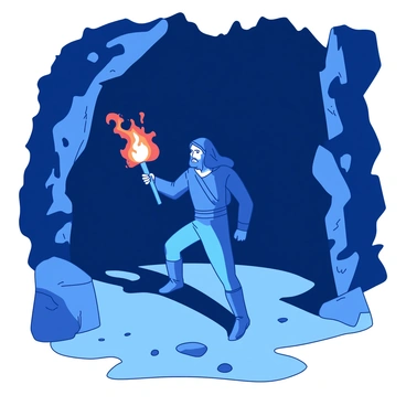 A blue figure of Aragorn stands at the entrance of a dark cave, holding a bright orange torch that casts flickering light. His expression is focused and determined as he steps cautiously onto the rocky ground, which is uneven and shadowy. The cave's mouth is framed by jagged stone formations, creating a foreboding yet intriguing atmosphere. Behind Aragorn, deep shadows loom, hinting at the mysteries that lie within the cave’s depths. The contrast between the torch’s light and the surrounding darkness adds intensity to the scene.