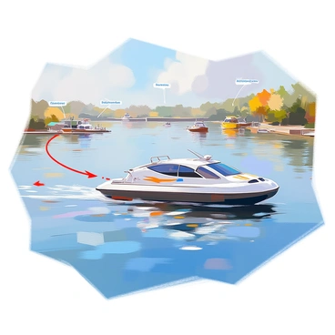 A detailed diagram illustrating a hovercraft transit service route over a large lake. The lake occupies the central area of the image, depicted with clear blue water and ripples suggesting movement. The hovercraft is shown in motion along the designated route, emphasizing its design with a sleek body and visible propellers. Various points of interest are marked along the route, including small islands, waterfront docks, and scenic spots. The route itself is indicated with a bold, colored line that winds across the lake, connecting these locations. Additionally, there are labels for the hovercraft stations, with arrows pointing towards their respective positions on the shoreline.