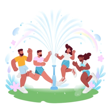 A group of children are laughing and running through a garden sprinkler that is spraying water into the air. The children are wearing colorful summer outfits, with some in bright t-shirts and shorts, while others have on playful bathing suits. Sunlight is shining brightly, creating a warm and cheerful atmosphere. Flowers in various pastel colors are blooming around the garden, while lush green grass is beneath their feet, glistening with droplets of water. A rainbow is forming in the mist created by the sprinkler.