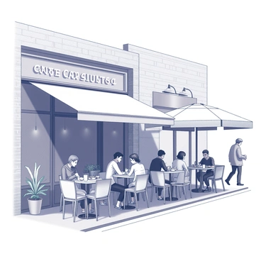 A street cafe with outdoor seating areas. Several tables are arranged under large umbrellas. Patrons are sitting at the tables, some engaged in conversation while others are focused on their coffee cups and pastries. The cafe features a sign with the name displayed prominently. There are decorative elements such as potted plants on the tables and hanging lights above. A brick building serves as the backdrop, and people are strolling along the street nearby, adding to the lively atmosphere.