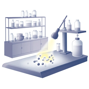 A laboratory setting with various scientific equipment surrounding a central workspace. A focused laser beam is directed towards a cluster of atoms, visibly interacting with them. The atoms are depicted as small spheres or particles, with some showing signs of ionization, such as a glow or aura around them. The background includes shelves with glass containers and instruments, contributing to the sterile and controlled atmosphere of the lab.