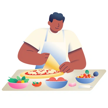 A chef with medium skin and a white apron is stretching pizza dough on a wooden countertop. The chef has short black hair and is focused on the dough, which is slightly golden and pliable. Surrounding the dough are various toppings laid out in bowls, including red tomato sauce, shredded mozzarella cheese, sliced pepperoni, fresh basil leaves, and colorful diced bell peppers. The countertop has a light dusting of flour, and a rolling pin is placed nearby. The overall scene conveys a vibrant atmosphere of culinary creativity.