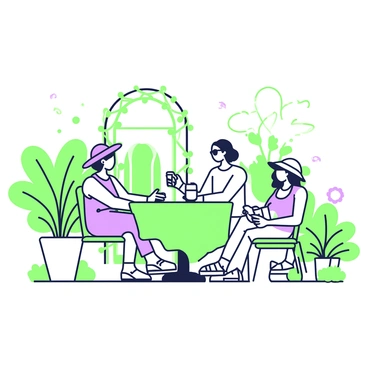 A garden patio scene shows a group of people relaxing. Two individuals are seated at a round table with a green tablecloth, enjoying drinks. One person is wearing a sun hat and sunglasses, while the other is dressed in a light summer outfit. Nearby, a woman is lounging on a green chair, reading a book. Lush plants surround the patio, including large potted ferns and flowering shrubs. A gentle breeze rustles the leaves, adding to the humid atmosphere. In the background, a decorative trellis with climbing vines enhances the natural setting.