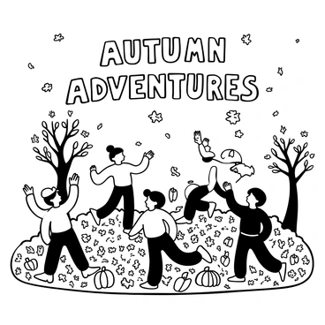 A group of children playing in a pile of leaves, with one child throwing leaves into the air. The children are wearing various autumn clothing such as sweaters and hats. Surrounding them are several trees with branches adorned with leaves that have fallen to the ground. In the background, there are a few pumpkins scattered around, and a distant wooden fence can be seen. The ground is covered in a thick layer of leaves, creating a vibrant carpet of textures. The words "Autumn Adventures" are displayed prominently above the scene.