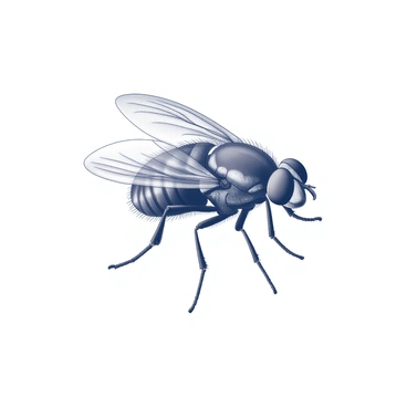 A close-up view of a Drosophila, commonly known as a fruit fly. The image displays intricate details of the fly's body structure, including its wings and compound eyes, which are prominent and textured. The body features fine hairs and patterns, while the legs are delicately positioned. The background is minimal, focusing attention on the fly's anatomy as seen through a high-powered lens. The perspective emphasizes the magnification, showcasing the tiny features of the insect.