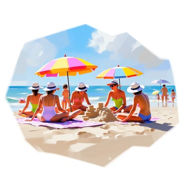 A 1950s beach scene featuring several people enjoying a sunny day at the beach. In the foreground, a group of individuals is wearing colorful vintage swimsuits, with some wearing wide-brimmed sun hats. One person is lounging on a striped beach towel, while another is building a sandcastle nearby. Brightly colored parasols are scattered across the sandy beach, providing shade for several families. The background shows gentle waves lapping at the shore and a clear blue sky, enhancing the joyful atmosphere of a classic summer day.