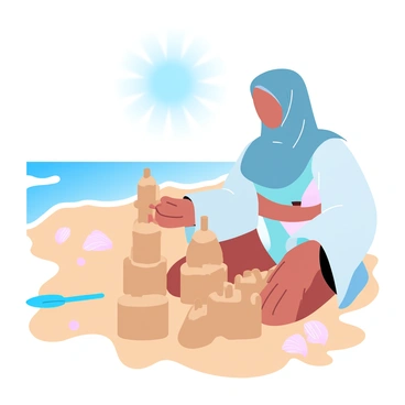 A Muslim girl is sitting on the sandy beach, intently building a sandcastle. She is wearing a colorful swimsuit covered with a light, airy beach cover-up. Her hands are shaping towers and walls of the sandcastle, with a small plastic shovel nearby. The sun is shining brightly overhead, casting warm light on the scene. In the background, gentle waves are lapping at the shoreline, and a few seashells are scattered around her. The sky is a clear blue, enhancing the vibrant atmosphere of the beach.
