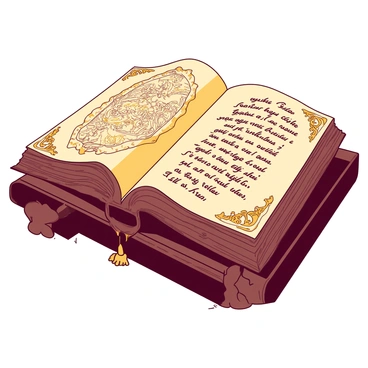 An ancient manuscript with a worn, brown cover is laid open on a dark wooden table. The pages are yellowed with age, featuring intricate gold-leaf illustrations of mythical creatures and elaborate floral patterns. The calligraphy is elegantly written in flowing script, showcasing a rich contrast between the shimmering gold and the deep, dark ink. On the edges of the pages, there are delicate gold filigree designs that enhance the manuscript's ornate appearance. The background is softly blurred, emphasizing the detailed craftsmanship of the manuscript itself.