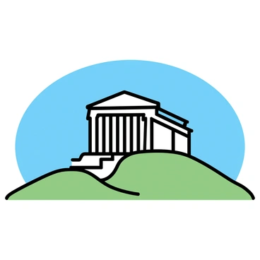 A historic Greek Pantheon, featuring elegant columns and a domed roof, positioned atop a green hill. The structure is bathed in sunlight, casting distinct shadows on the ground. A clear blue sky extends above, with no clouds in sight, enhancing the bright atmosphere of the scene. The surrounding landscape consists of gentle slopes covered in grass, creating a contrast with the architectural details of the Pantheon.