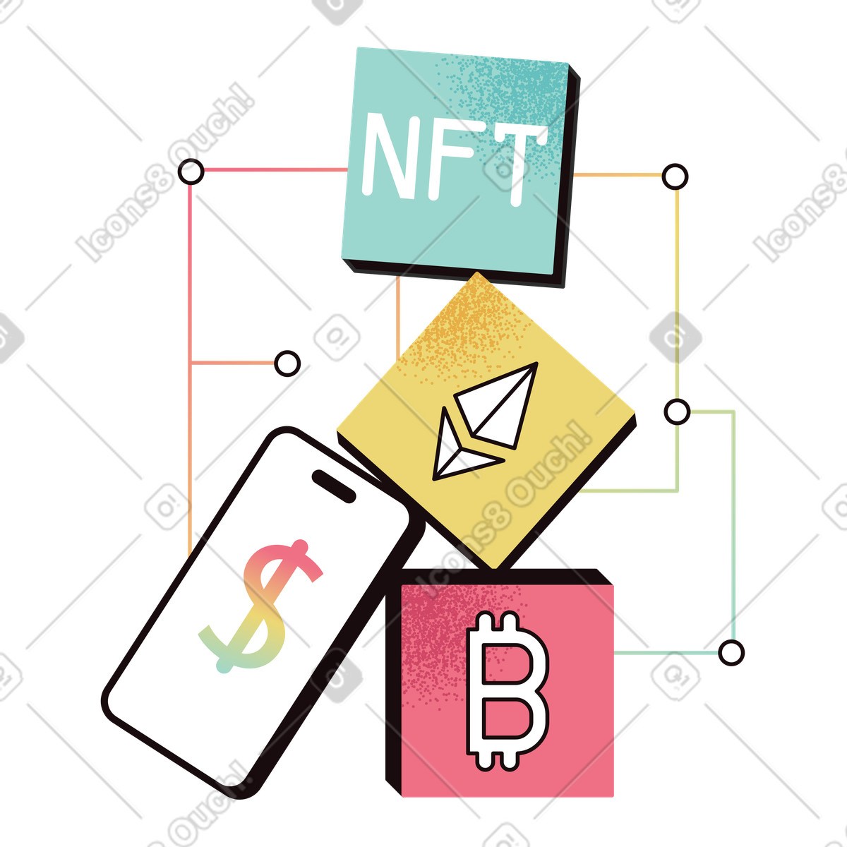 NFT and crypto icons connected by network lines, Blockchain technology ecosystem illustration in PNG, SVG