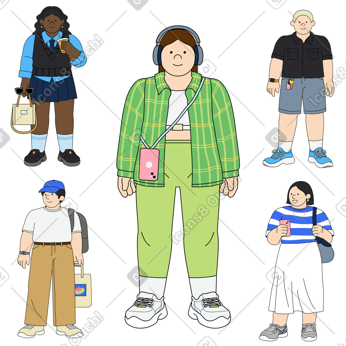 Set of young people characters illustration in Kindy style download in PNG, SVG