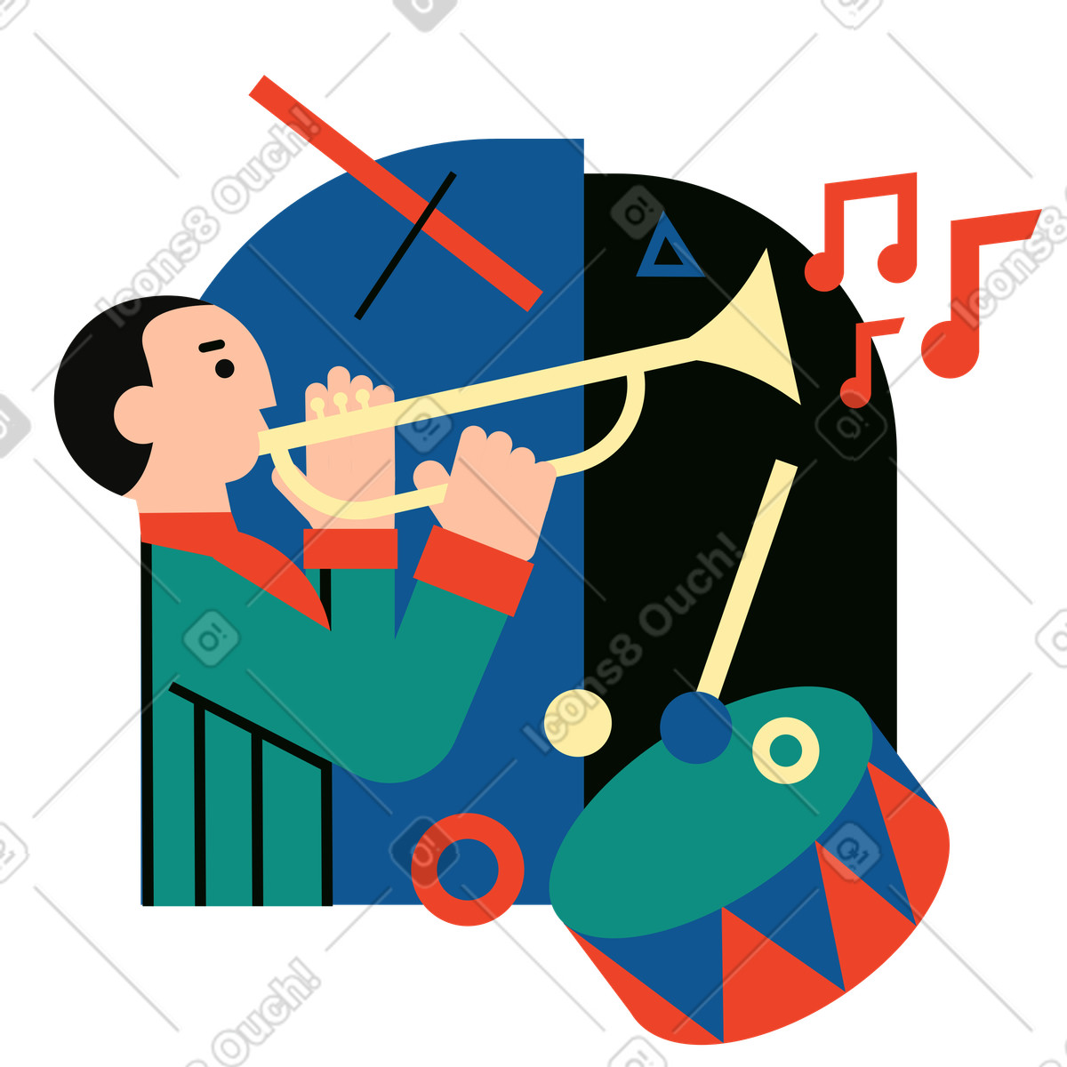 Polar 스타일의 A musician playing the trumpet next to drum 애니메이션 일러스트레이션 GIF, Lottie(JSON), AE로 다운로드
