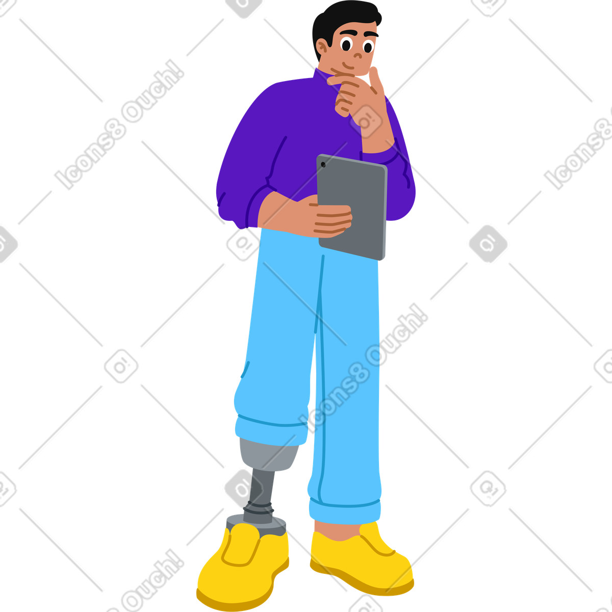 Mann mit einer beinprothese, der ein tablet hält-Illustration im Active-Stil als Download in PNG, SVG