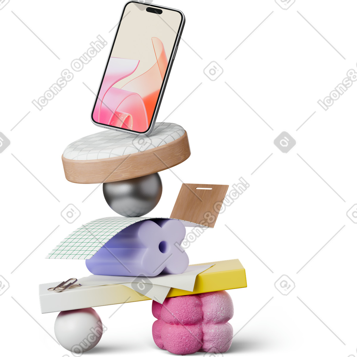 Ilustración Smartphone encima de figuras abstractas. en estilo 3D Hygge a descargar en PNG y SVG
