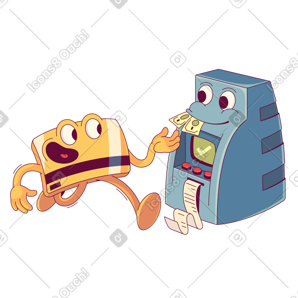 Withdraw money from an ATM, ATM transaction and cash access illustrazione in stile Handy scarica in PNG, SVG