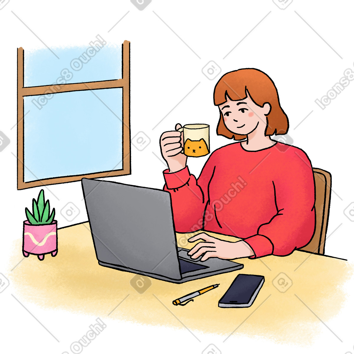 Home office setup with laptop and plant illustration cozy work environment clipart PNG SVG GIF