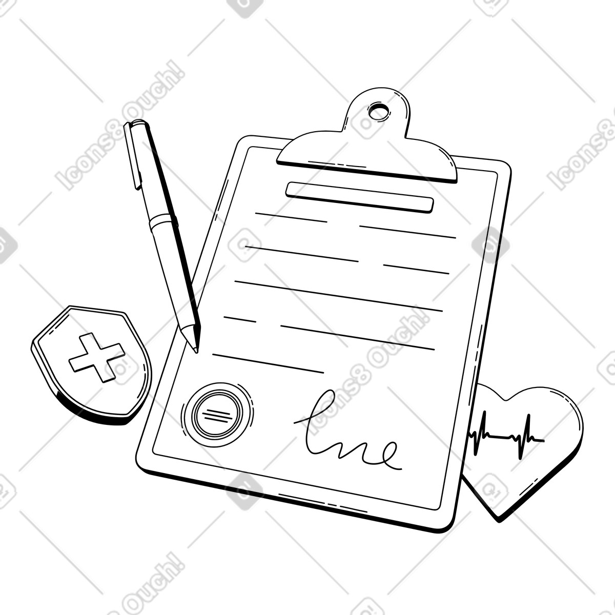 Health insurance form with signature and shield, medical security policy signing animated illustration in 3D Techny Line style download in GIF, Lottie (JSON), AE
