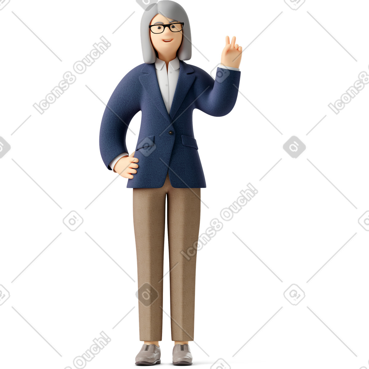 Illustration Vieille femme d'affaires en costume et lunettes montrant le signe de la paix dans style 3D Business à télécharger aux formats PNG, SVG