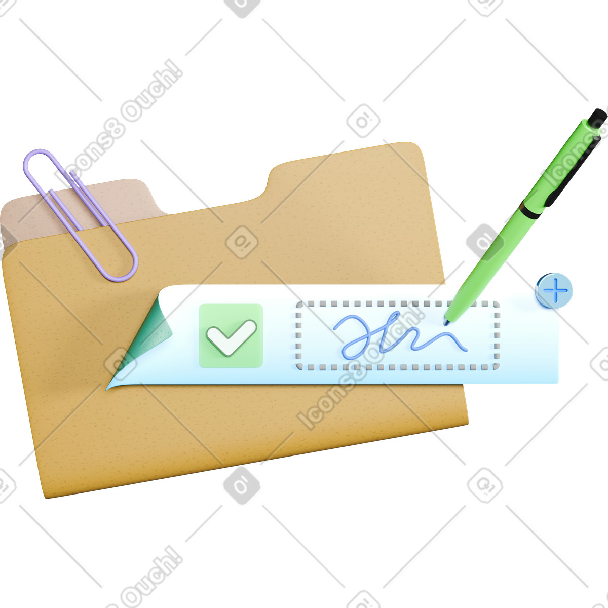 3D Business スタイルの Folder with digital signature field pen and approval checkmark icon のイラストをPNG、SVG形式でダウンロード