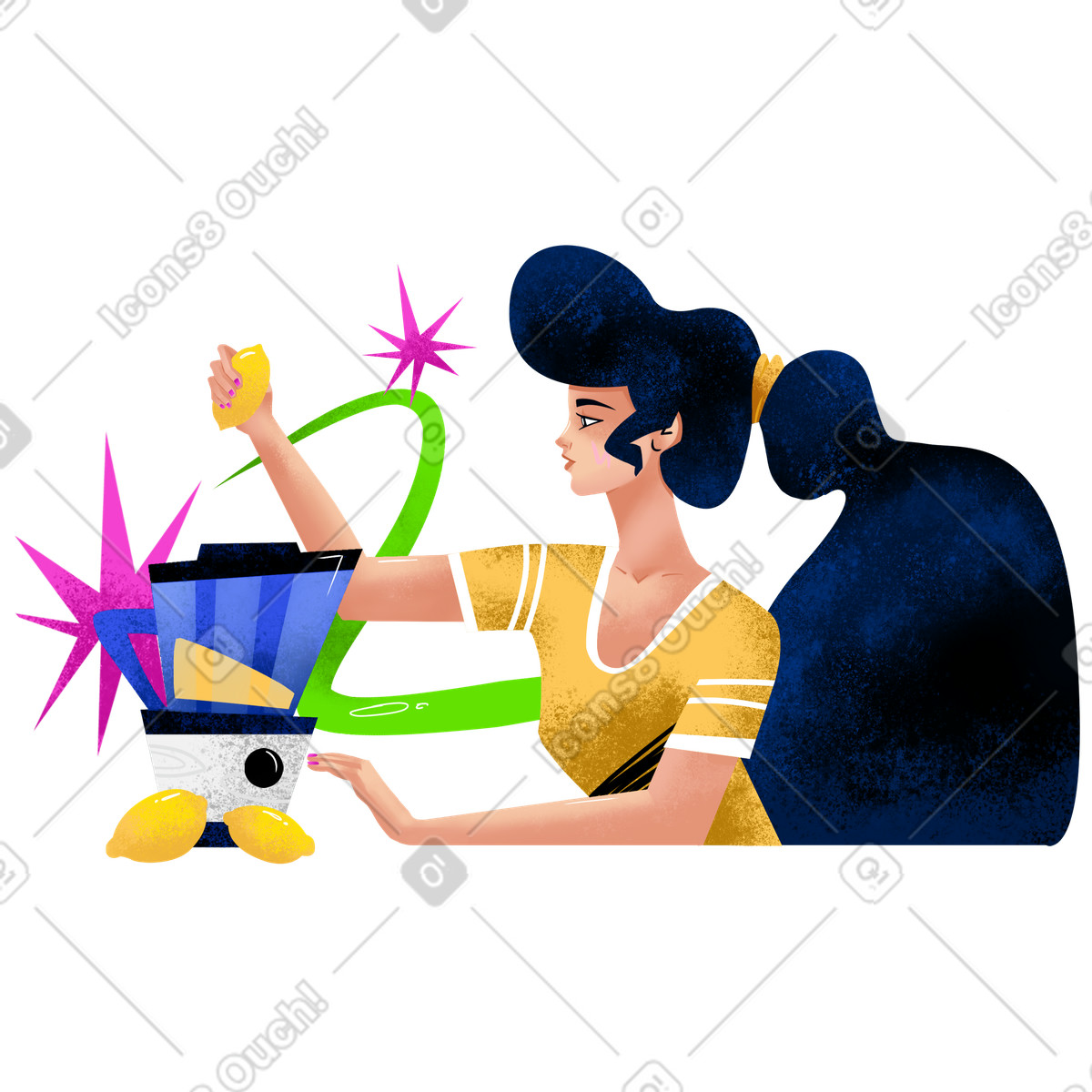 Girl makes lemonade with a blender illustration in Flare style download in PNG, SVG