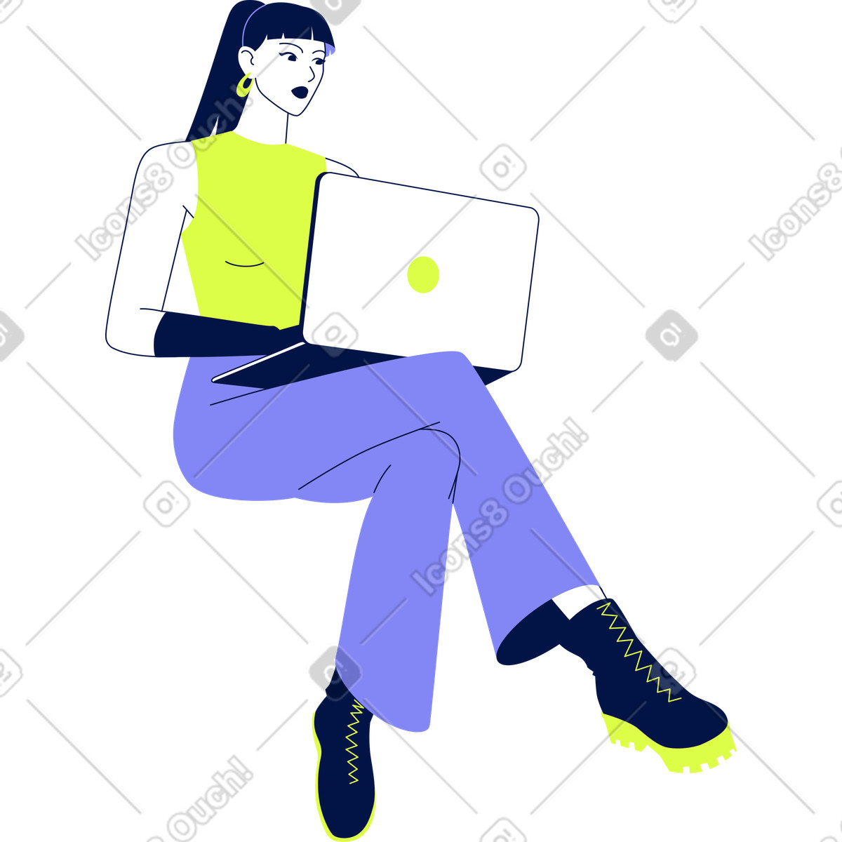 Seated young woman with laptop illustration in Glow style download in PNG, SVG