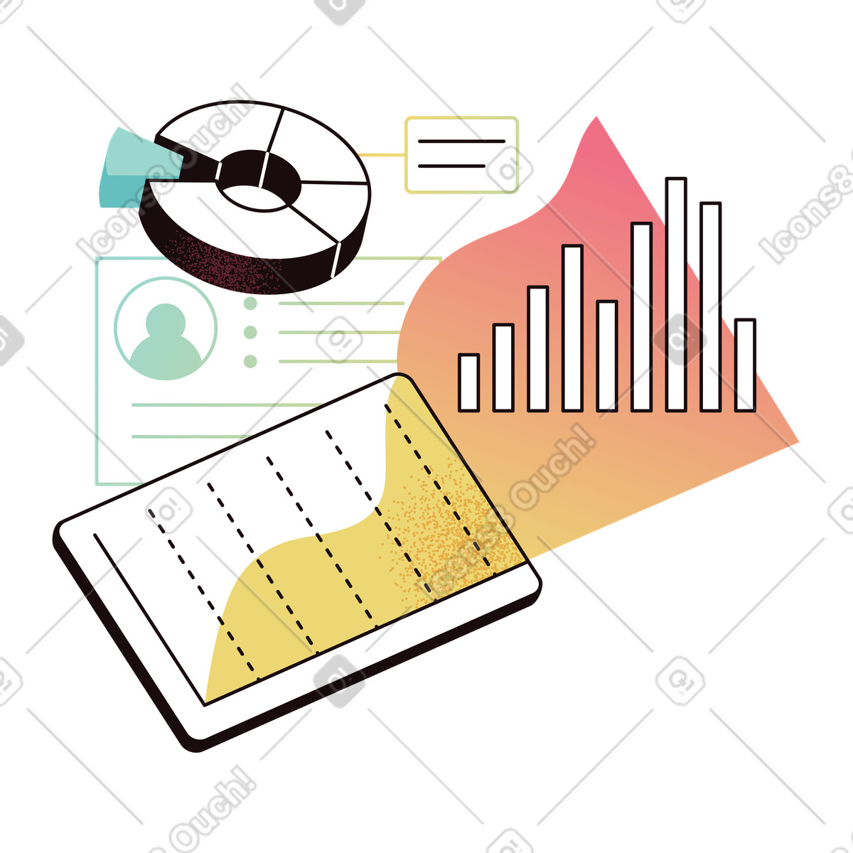 Analytical dashboard with pie and bar charts, Insights performance tracking-Illustration im Delight-Stil als Download in PNG, SVG