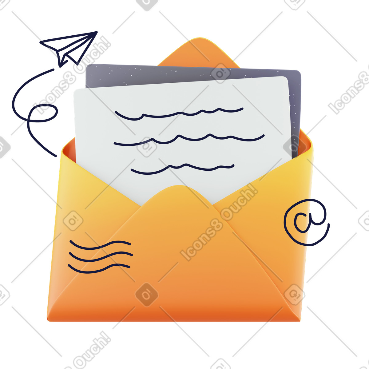 Aprire la busta con lettera cartacea, email marketing e iscrizione alla newsletter, corrispondenza comunicazione personale illustrazione in stile 3D Surfaced scarica in PNG, SVG