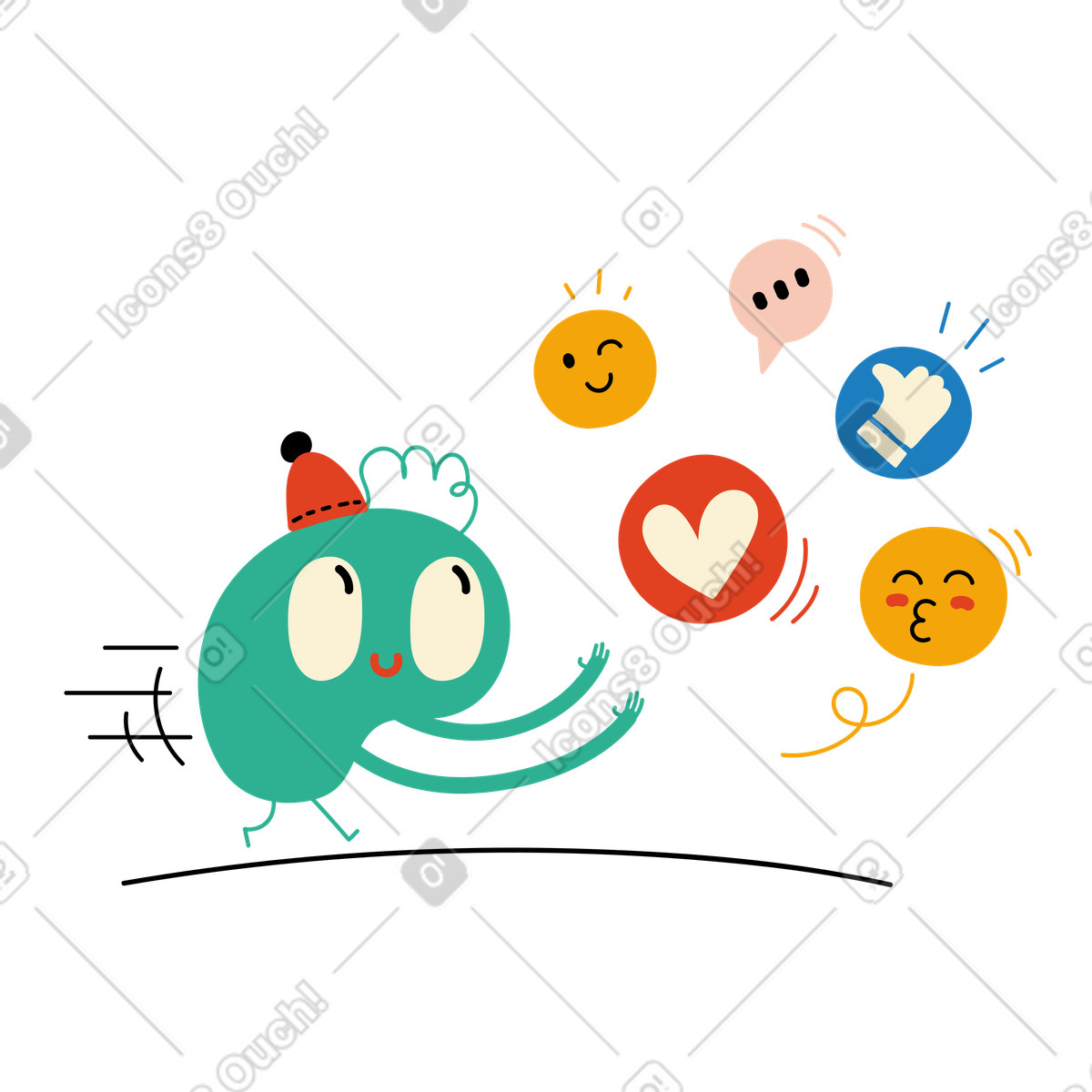 Il personaggio raccoglie le icone dei social media illustrazione in stile Jelly scarica in PNG, SVG