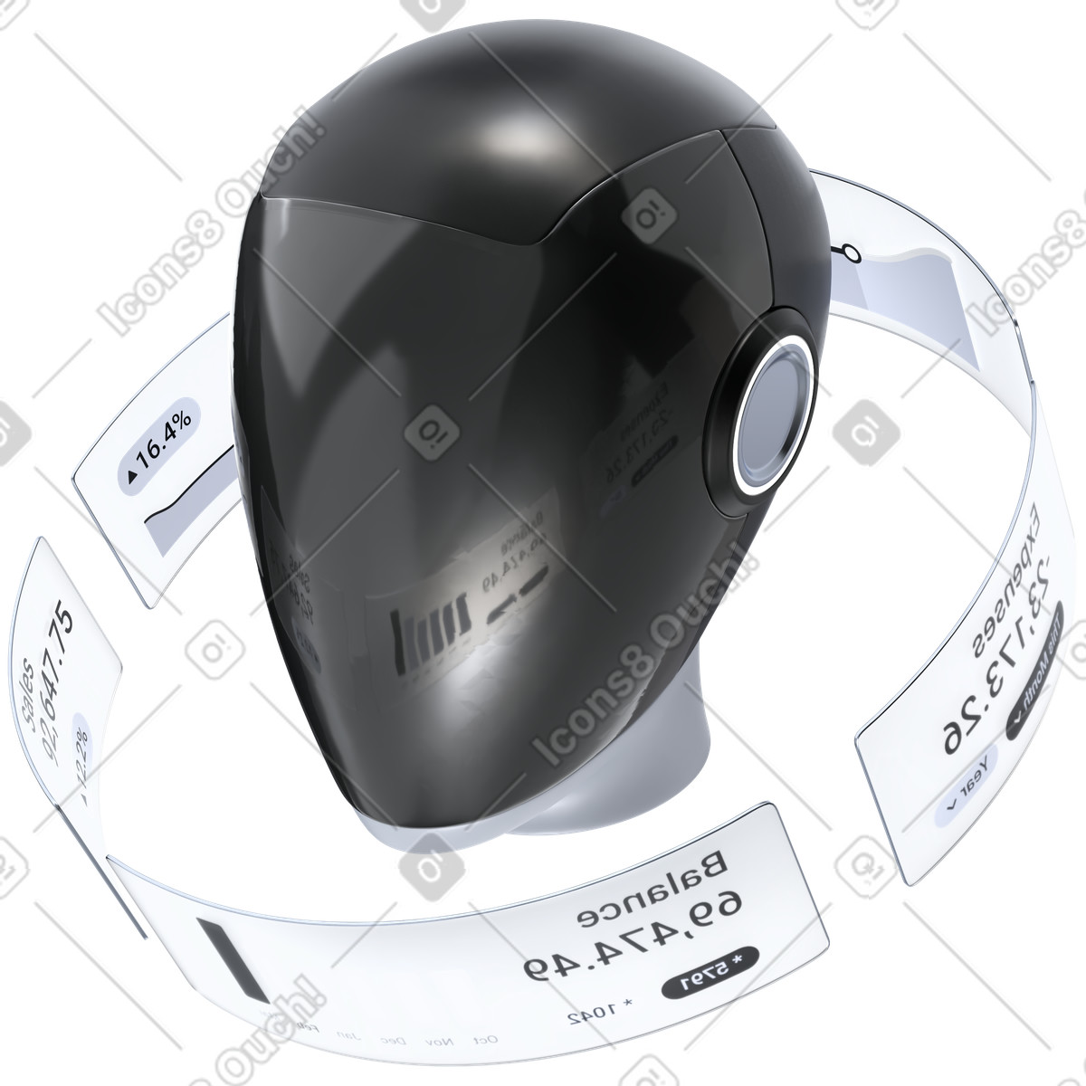 Ai agent head with data ring, predictive analytics engine, machine learning insights illustration in 3D Pro style download in PNG, SVG