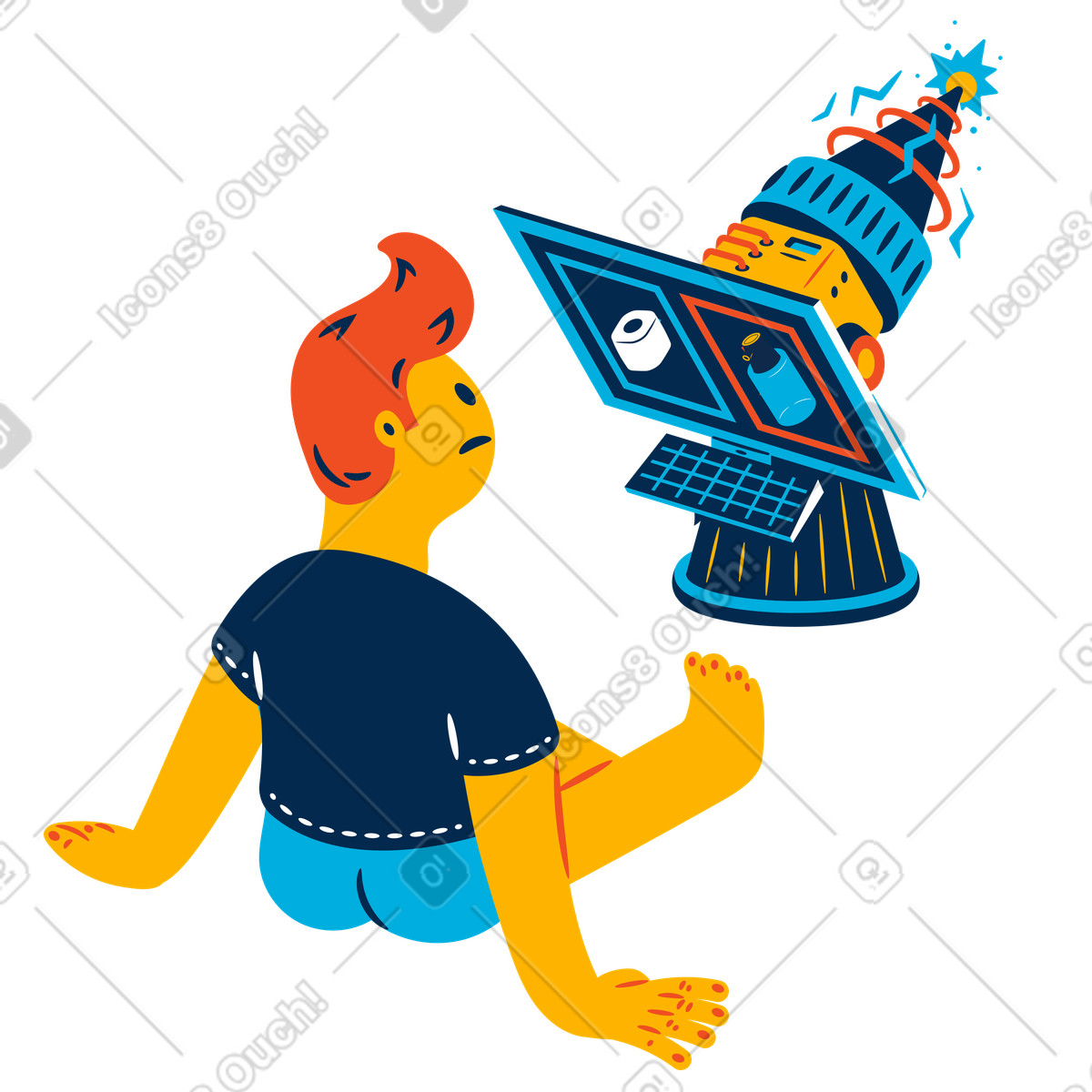 L'uomo sceglie tra la carta igienica e un disinfettante illustrazione in stile Flame scarica in PNG, SVG