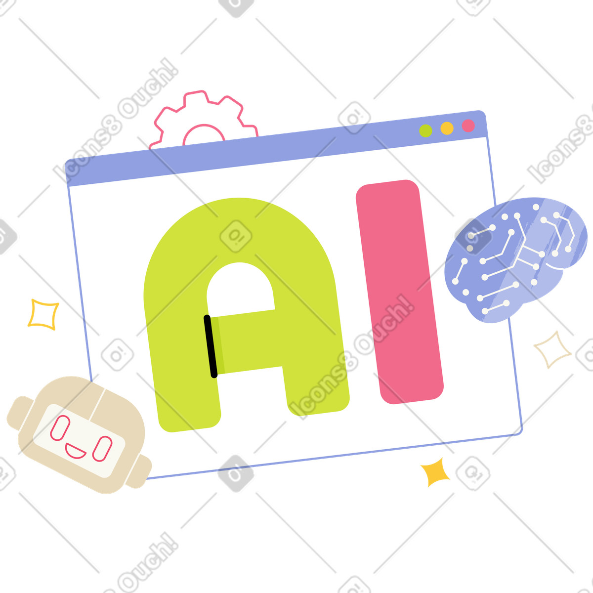 Ilustración Colorful ai letters with friendly robot head and circuit brain, automation cognitive computing en estilo Juicy a descargar en PNG y SVG