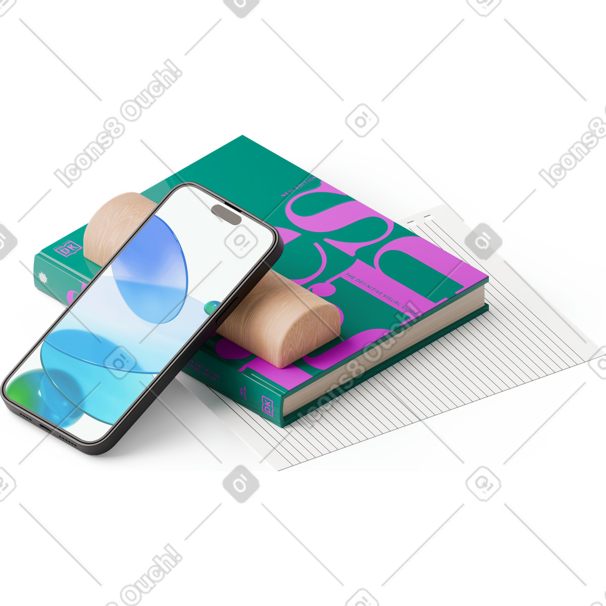 Isometric view of notebook, sheet paper and smartphone illustration in 3D Hygge style download in PNG, SVG