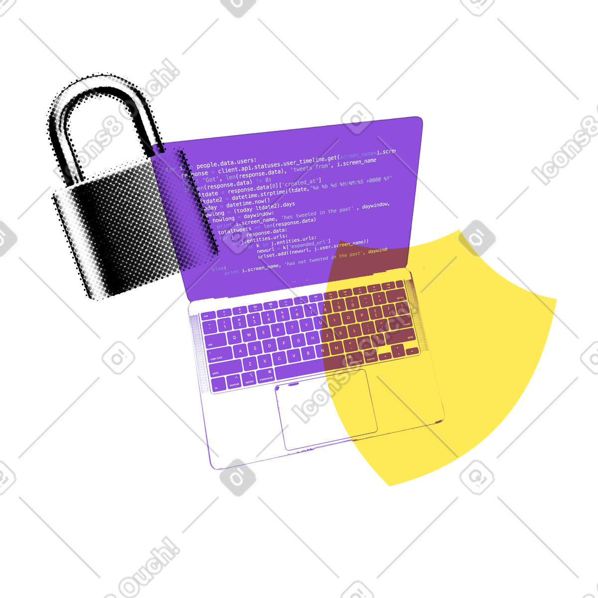 Secure coding with laptop, shield and padlock illustration in PNG, SVG