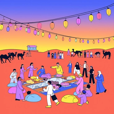 A vast desert landscape at dusk, with a vibrant sky transitioning from orange to deep blue. Numerous colorful lanterns hang from low wooden beams, casting warm, inviting light around the scene. Groups of people gather, dressed in traditional attire, engaged in various joyful activities. Some are dancing in circles, while others are sharing food laid out on colorful woven blankets. In the background, a small stage is set up with performers entertaining the crowd. Camel silhouettes are visible in the distance, adding to the festive atmosphere.
