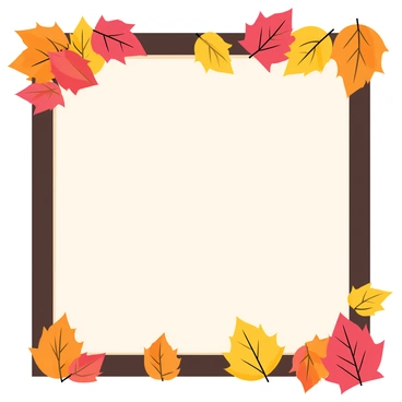 A rectangular frame made of dark wood, adorned with colorful autumn leaves in shades of red, orange, and yellow. The leaves are intricately arranged, overlapping slightly to create a rich texture around the edges of the frame. The background of the frame is a soft beige color, allowing the vibrant leaves to stand out prominently. The overall composition is lively and warm, capturing the essence of autumn.