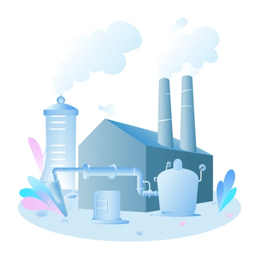 A large industrial factory is depicted with towering smokestacks releasing puffs of smoke into the sky. The factory's exterior is made of steel and concrete, showcasing a rich texture. A complex network of pipes weaves around the structure, connecting various machinery elements. Large tanks and silos are situated nearby, with valves and gauges visible on their surfaces. The ground is covered in a subtle layer of gravel, providing a foundation for the machinery and equipment scattered throughout the scene.