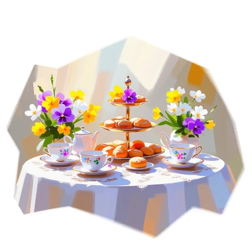 A whimsical tea party setting is arranged on a round table covered with a white lace tablecloth. Delicate teacups adorned with brightly colored pansy flowers are placed neatly on the table, each cup showcasing intricate floral designs. Surrounding the table, there are cheerful pansy flowers in vibrant purples, yellows, and whites, adding a playful touch to the atmosphere. A tiered cake stand sits at the center, topped with an assortment of colorful pastries and scones. The scene is completed with soft sunlight filtering through nearby greenery, casting gentle shadows on the table.