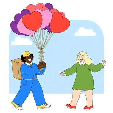 A cheerful delivery person with dark skin and short curly hair is wearing a bright blue uniform and a yellow cap. They are carrying a large bundle of colorful heart-shaped balloons in shades of red, pink, and purple, which are tied together with a shiny ribbon. The balloons float above the delivery person's head, creating a playful atmosphere. In front of them stands a happy recipient with light skin and long blonde hair, wearing a green dress. The recipient has a wide smile and open arms, excited to receive the balloons. The background features a sunny day with a bright blue sky and a few fluffy white clouds.