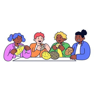 A group of four friends gathered at a durian tasting party. Each friend is holding a different slice of durian, showcasing the variety in color and texture. One friend has a slice with a bright yellow flesh, while another holds a lighter cream-colored slice. The third friend is holding a dark golden slice, and the fourth has a muted green slice. The friends are smiling and engaging with each other, enjoying the tasting experience. The setting features a simple table with a few whole durians in the background.